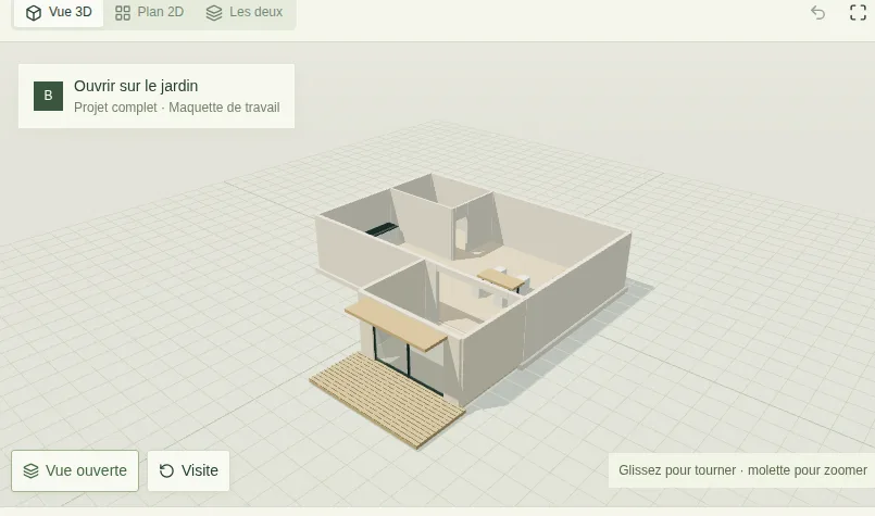 Plan 3D d’un niveau de maison ouvert sur le jardin, dans l’outil gratuit